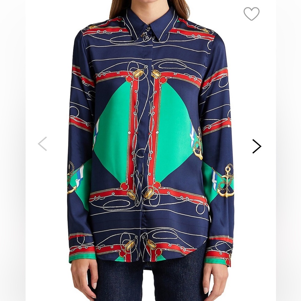 Lauren Ralph Lauren Multi Print Nautical Motif Twill Shirt Size M